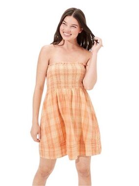 American Eagle Outfitters Strapless Orange Plaid Smocked Dress NWOT
